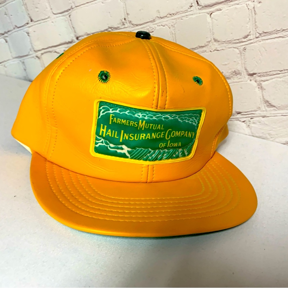 Vintage Farmers Mutual Hail Yellow Faux Leather Trucker Hat USA - Picture 1 of 6